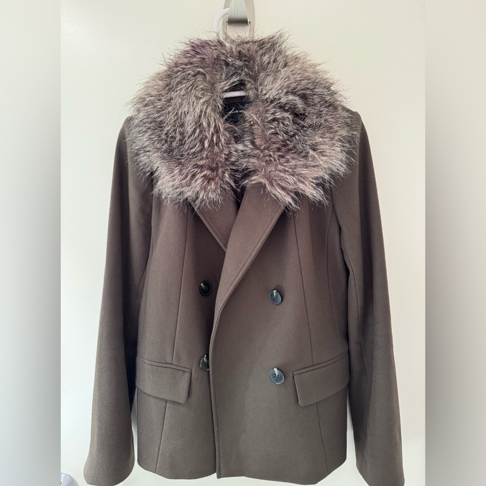 Club Monaco Brown Pea Coat with Faux Fur Collar